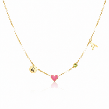 Collar personalizado con inicial en forma de corazón, piedra de nacimiento y signo zodiacal.